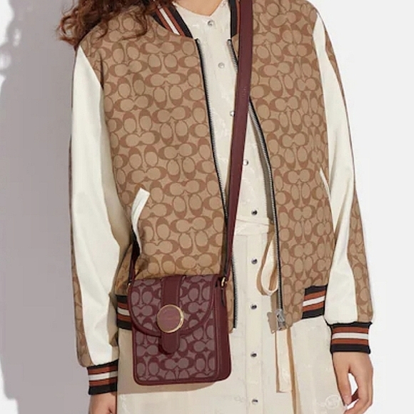Coach Signature Jacquard North/South Lonnie Gold/Wine Crossbody - Picture 3 of 9